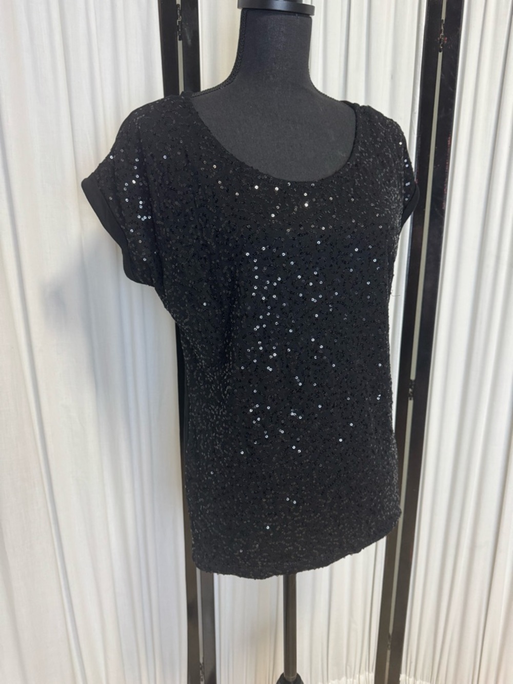Black Sequin Short Sleeve Women's Relaxed Top by Gia